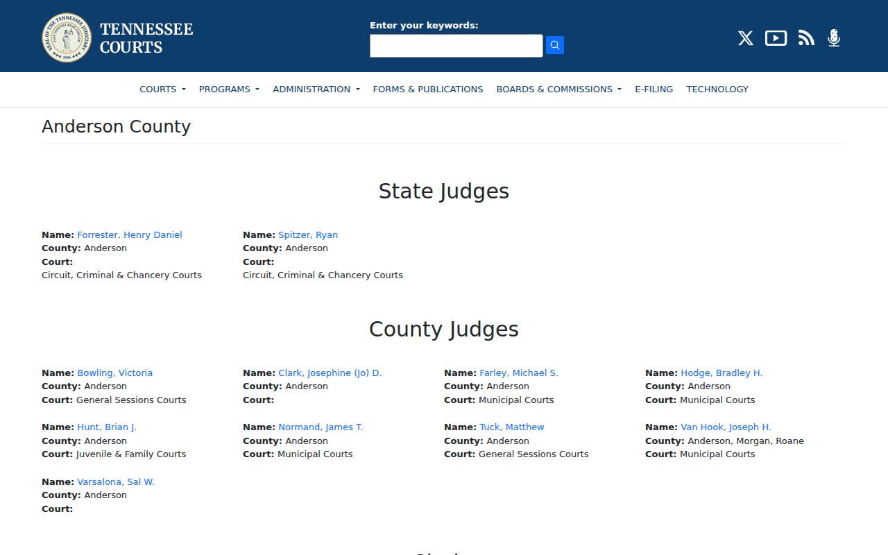 Tennessee Seventh Judicial District Anderson County court docket profile