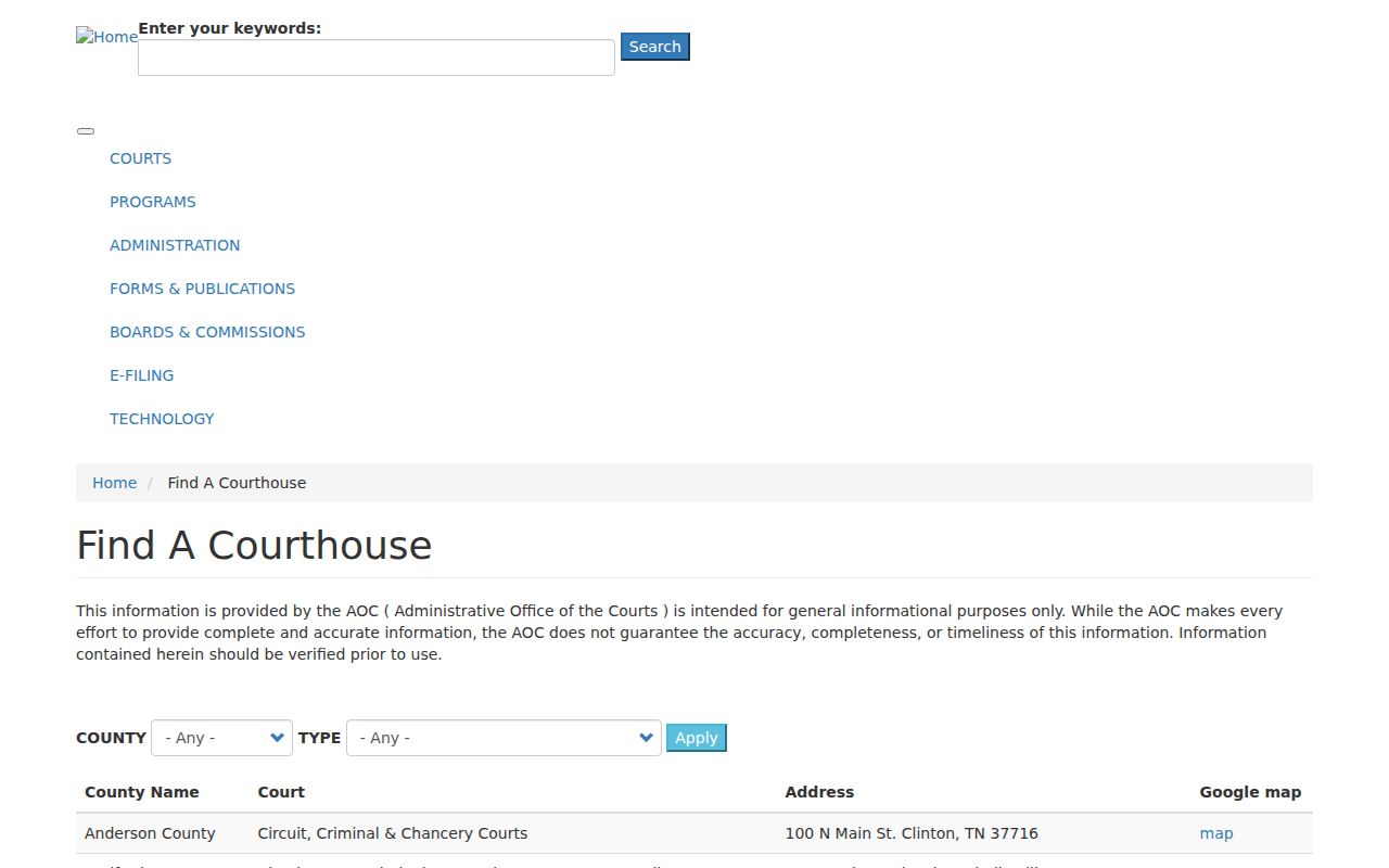 Tennessee courthouse finder for Anderson County court docket access