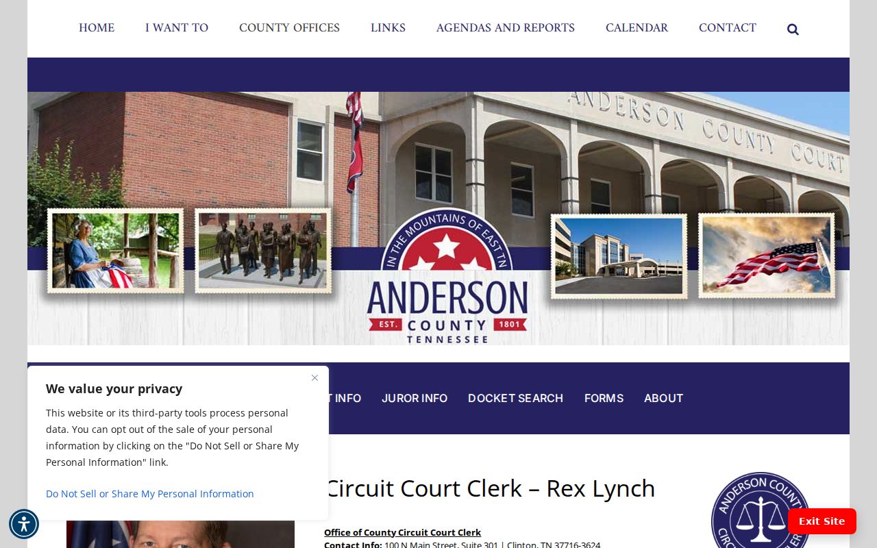 Anderson County Circuit Court Clerk docket records page