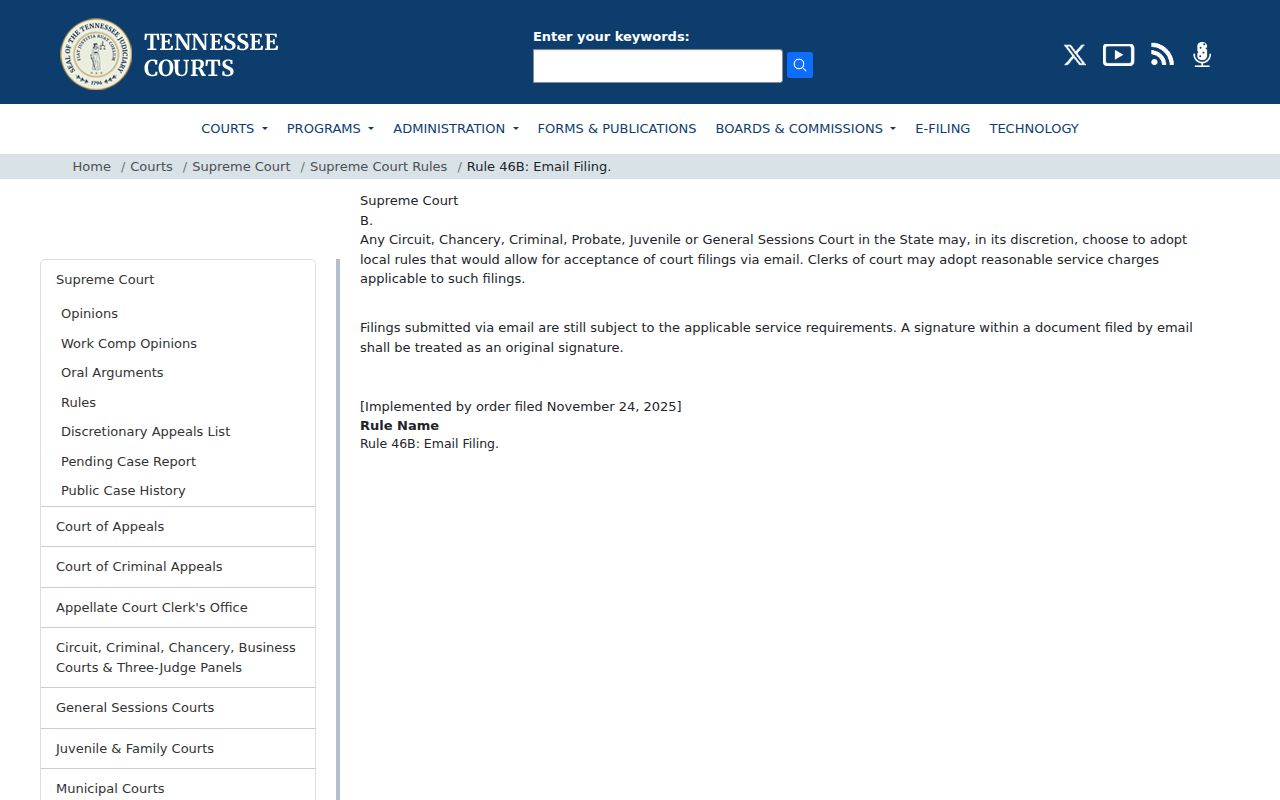 Tennessee email filing rule relevant to Rocky Top court records